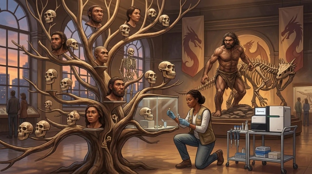 Hominin proteins, bushy tree, collagen, dragon exhibit.