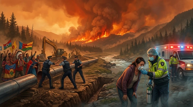 Health emergency urged, record wildfires, BC pipeline clash.