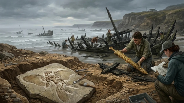 Ship graveyard, gold scabbard and Archaeopteryx finds reported.