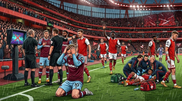 Arsenal five clear, VAR denies West Ham, and injuries mount.